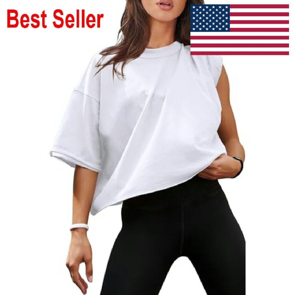 Oversized Crop Top Cotton Blend Drop Shoulder Y2K Chic Casual Workout Tee - Picture 5 of 8